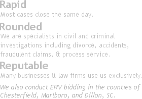 We are rapid, rounded, and reputable. We also conduct ERV bidding in the South Carolina counties of Chesterfield, Marlboro, and Dillon.